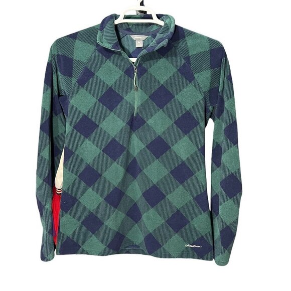 Eddie Bauer Sweater Women's Large Green Blue Plaid 1/4 Zip Fleece Size Large - Picture 1 of 7